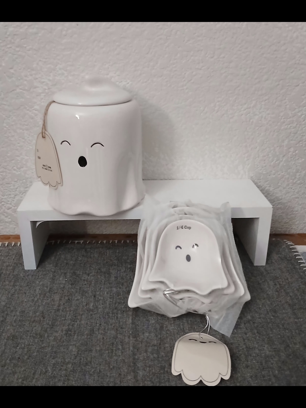 White Ghost Ceramic Cookie Jar & Measuring Cup Set